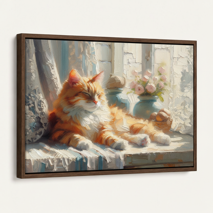 Fluffy orange cat lace windowsill canvas print dark walnut float frame angled 3/4 product mockup view