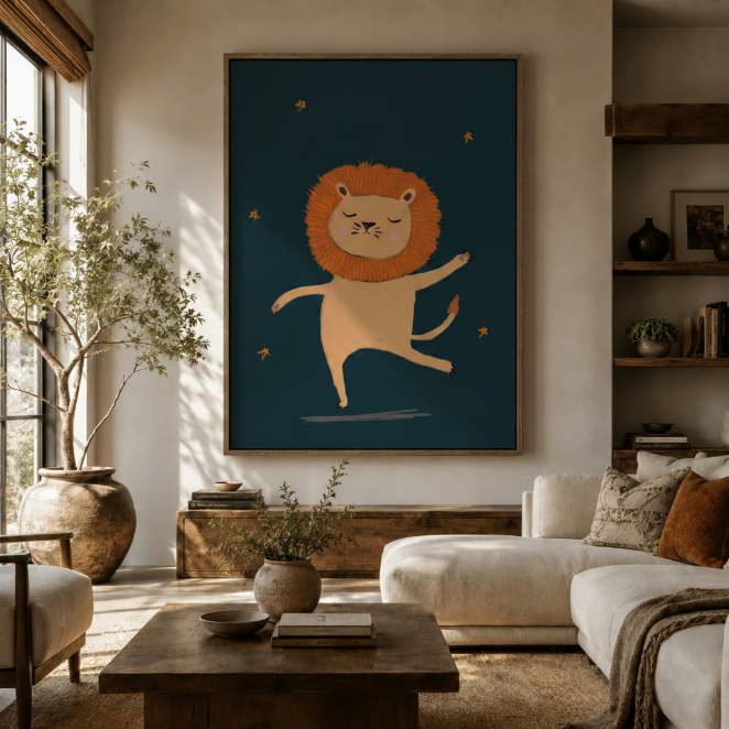 Large dancing lion kids canvas print hung above sofa in a bright boho living room with natural wood accents