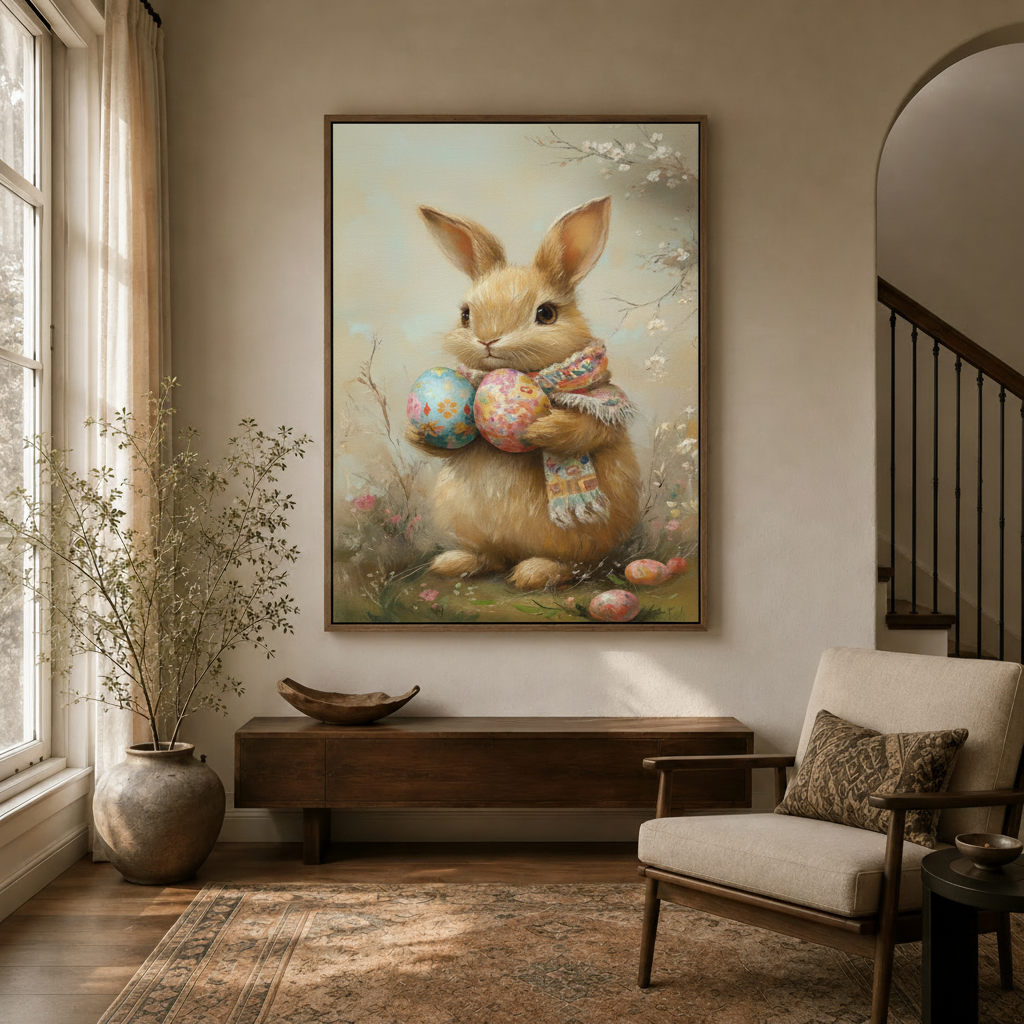 Cute rabbit holding Easter eggs canvas art hung in entryway with arched doorway and natural light