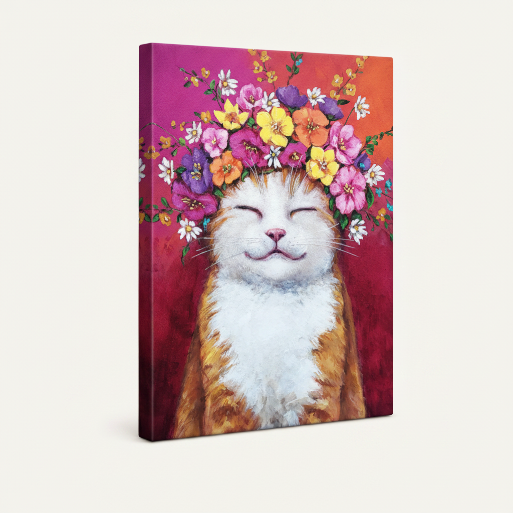 Gallery wrapped canvas side view of vibrant cat portrait with flower crown wall art