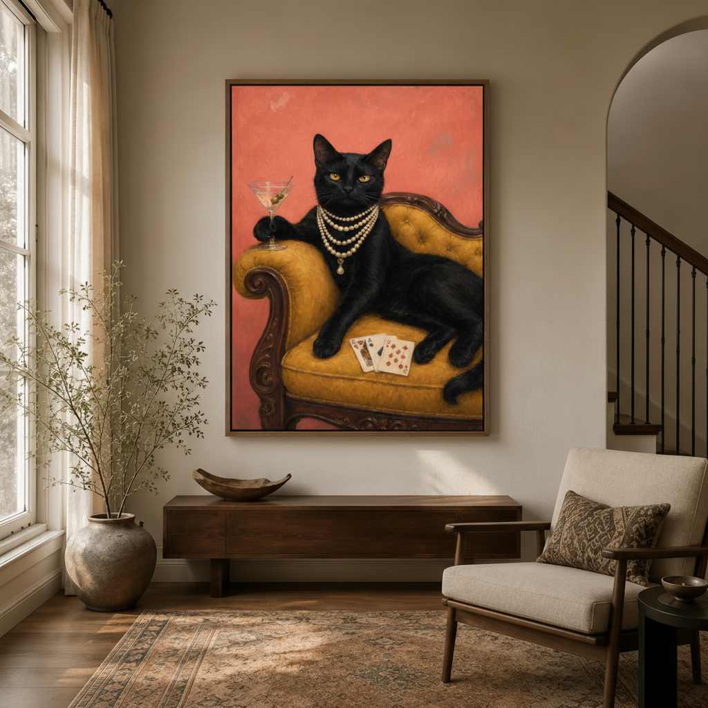 Framed black cat canvas art hanging in bright entryway with arched doorway and staircase