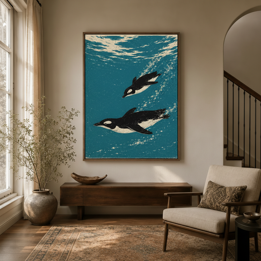 Bold teal penguin linocut print in float frame hanging in modern entryway beside dried branches and console table