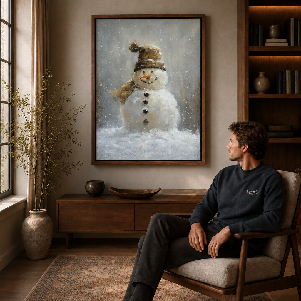 Smiling snowman in a brown knit hat and scarf displayed above a seated man.