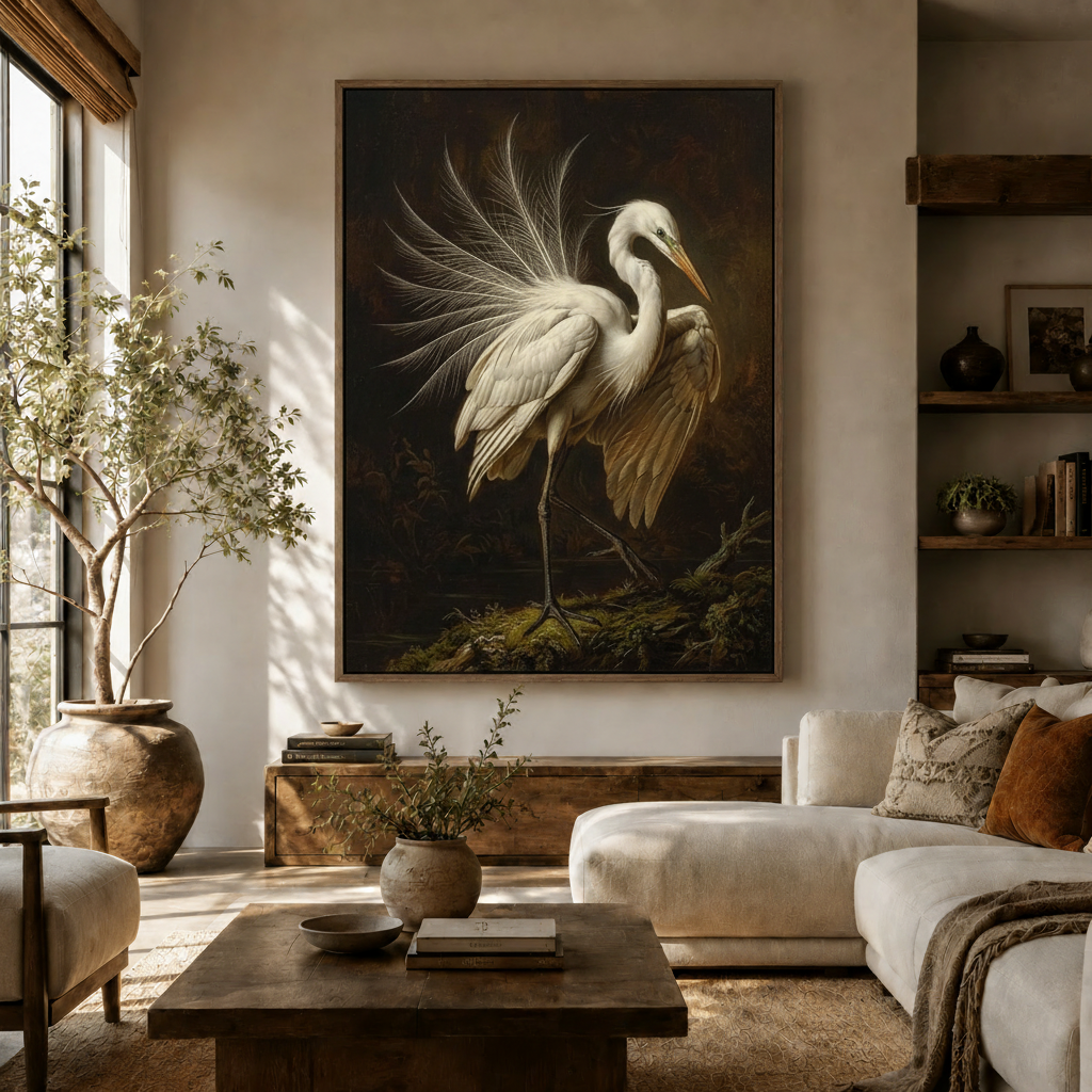 Old Masters style white heron portrait hanging in a cozy neutral living room with linen sofa