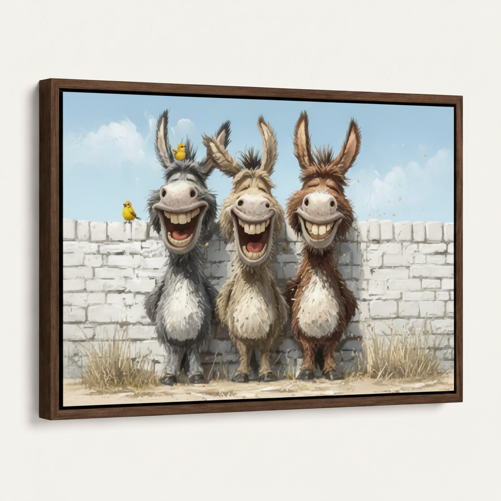 Framed three laughing donkeys cartoon canvas print dark walnut float frame angled 3/4 product mockup view