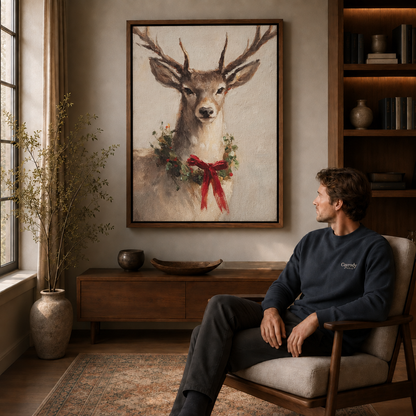 Deer with branching antlers and a red bow displayed above a seated man.