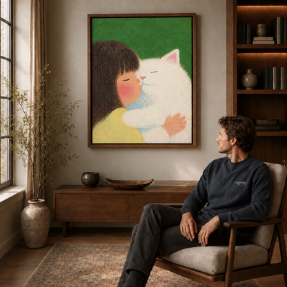 Man in a dark sweater seated in an armchair beside a walnut-framed artwork of a girl kissing a white cat.