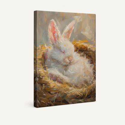 Gallery-wrapped canvas of fluffy white bunny sleeping in golden straw shown at angle on white background