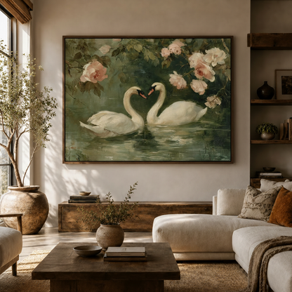 Swan pair rose garden canvas wall art framed above console in neutral modern living room with olive tree