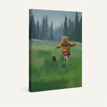 Gallery-wrapped girl running green meadow rain canvas, 3/4 left-tilt showing dark green wrap edges
