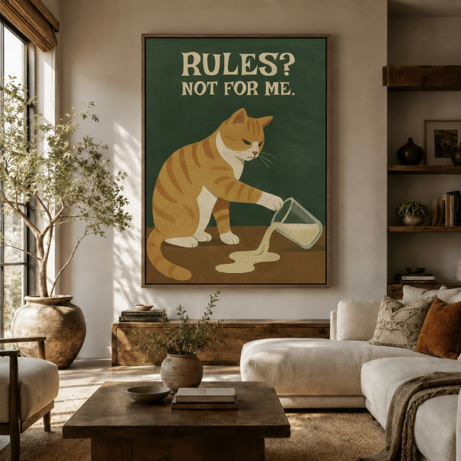 Funny retro cat poster canvas print displayed above a walnut console in a warm modern living room