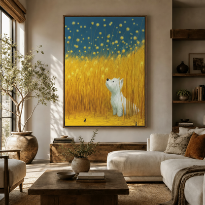 Whimsical white terrier in golden reed field canvas displayed above white sofa in bright boho living room
