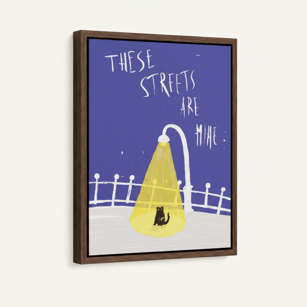 Black cat yellow street lamp cobalt blue night pop art canvas in wide walnut float frame, 3/4 angle