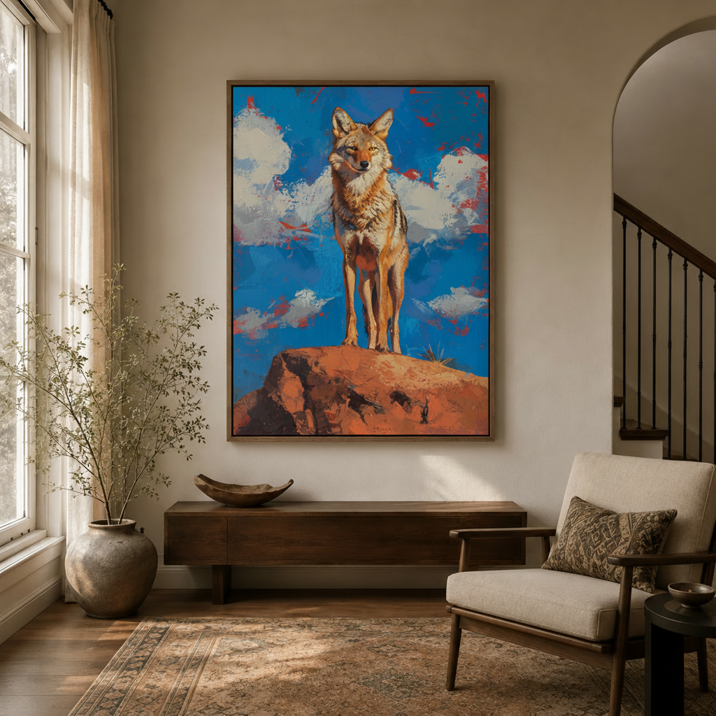 	Bold coyote on mesa wildlife canvas print hanging in bright entryway with dark console and arched doorway