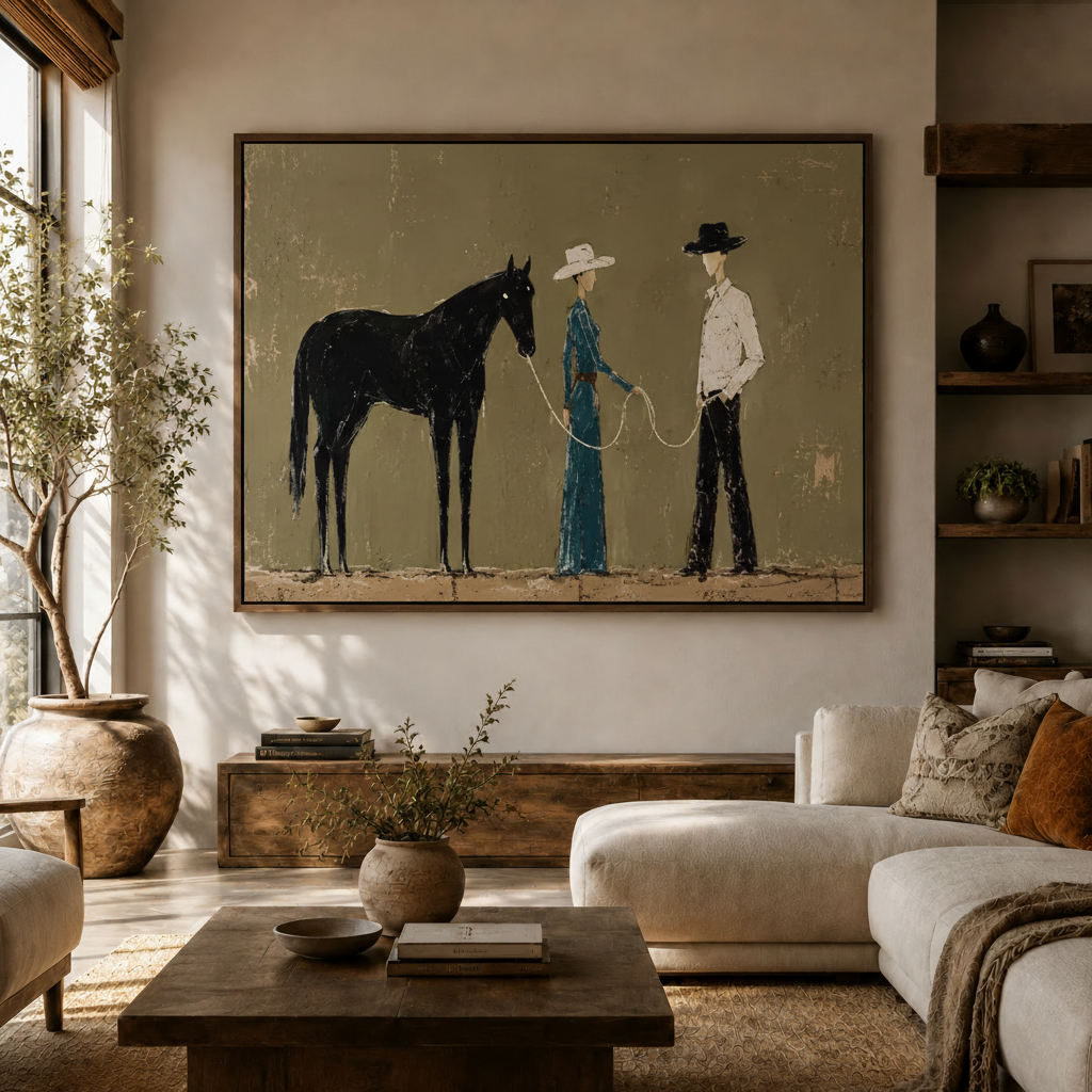 Horse and couple canvas art above a living room sofa in warm earth tones