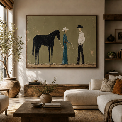 Horse and couple canvas art above a living room sofa in warm earth tones