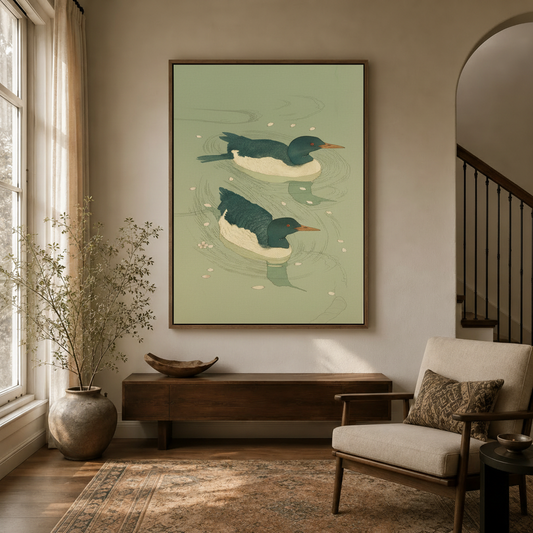 Serene duck wall art in walnut float frame hanging in a cozy entryway with arched doorway