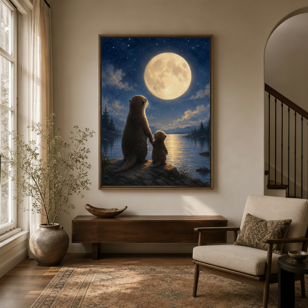 Moonlit otters canvas wall art styled in a modern entryway with staircase and natural light