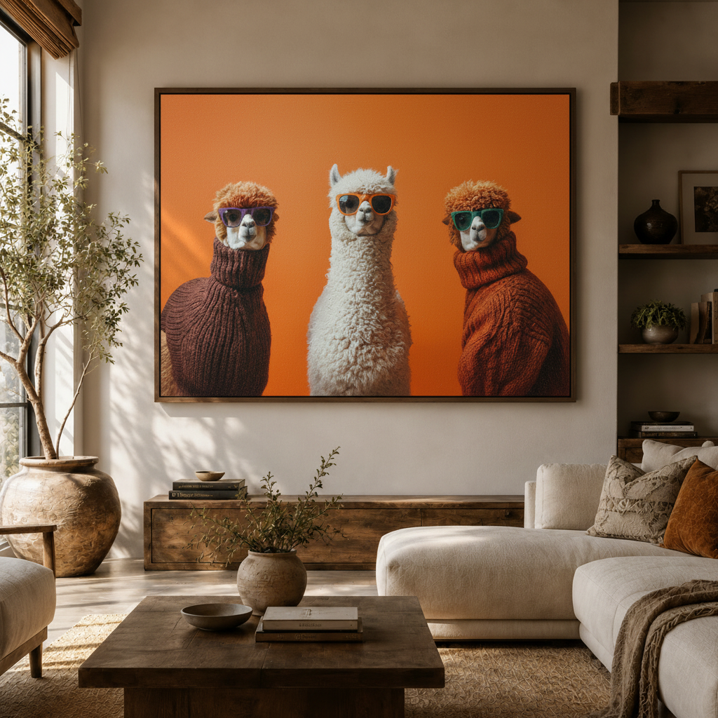 Three cool alpacas in turtlenecks and sunglasses framed canvas hanging in modern boho living room
