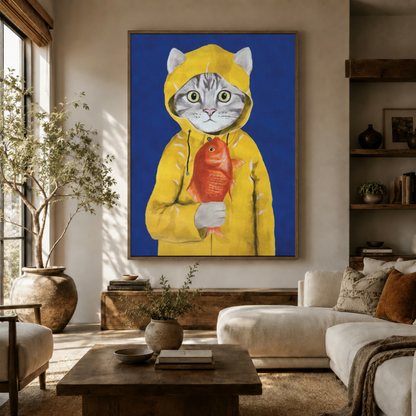 Vibrant pop art cat canvas styled in warm boho living room above rustic wooden console