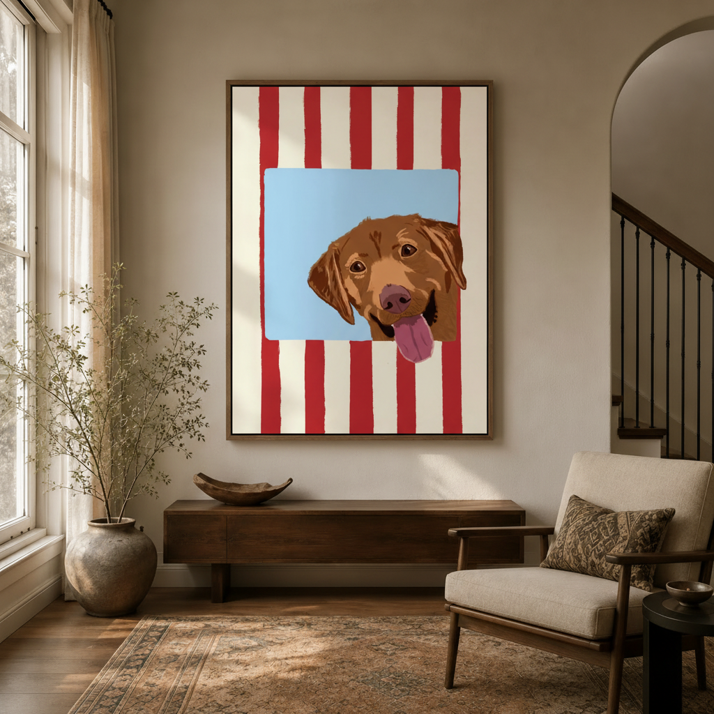 Colorful dog portrait wall art displayed in a modern entryway with arched doorway