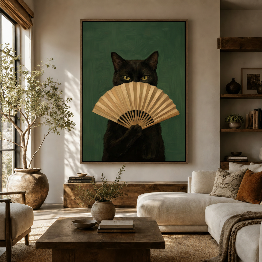 Black cat with folding fan portrait canvas hung above white sofa in bright modern living room