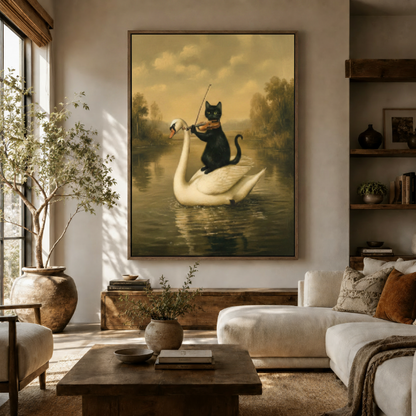 Classical whimsical animal canvas print styled in warm boho living room above sideboard