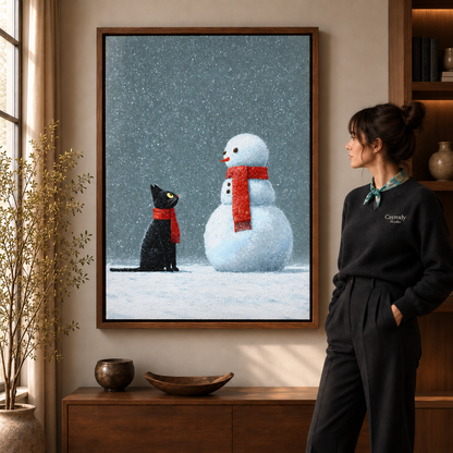 Black cat and snowman Christmas wall art in a walnut interior beside a standing woman.