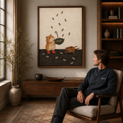 Mouse in red boots catches sunflower seed rain, displayed in a walnut frame above a seated man.