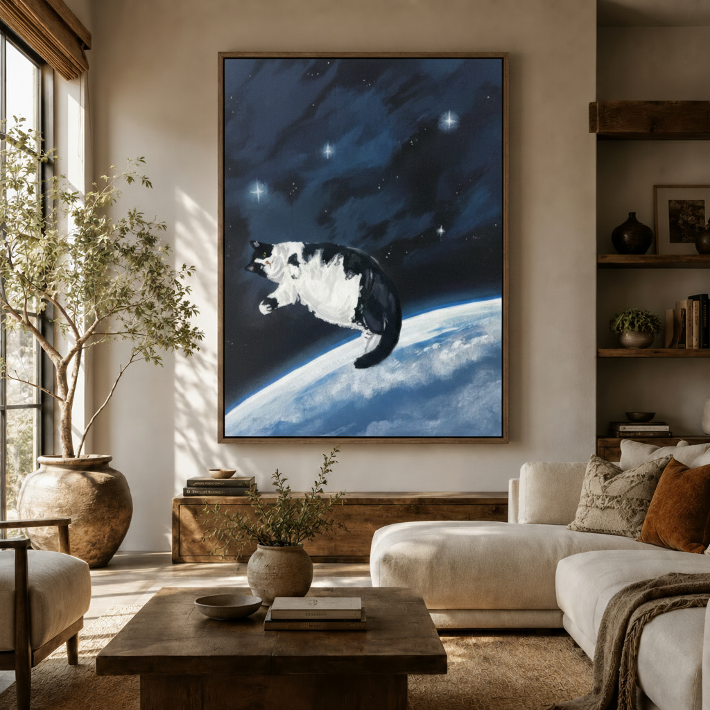 Oversized tuxedo cat floating in space canvas in floater frame above a white sofa in a sunlit organic modern living room