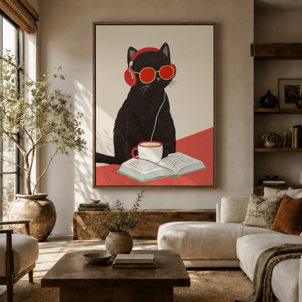Black cat with headphones canvas print hanging in modern living room above sideboard