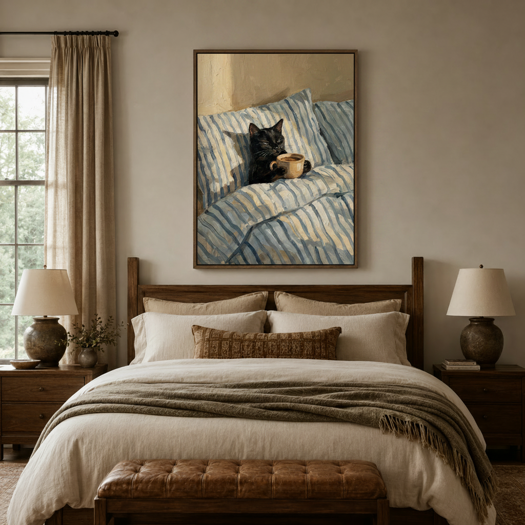 Black cat holding coffee cup oil painting canvas art above dark wood bed in cozy neutral bedroom