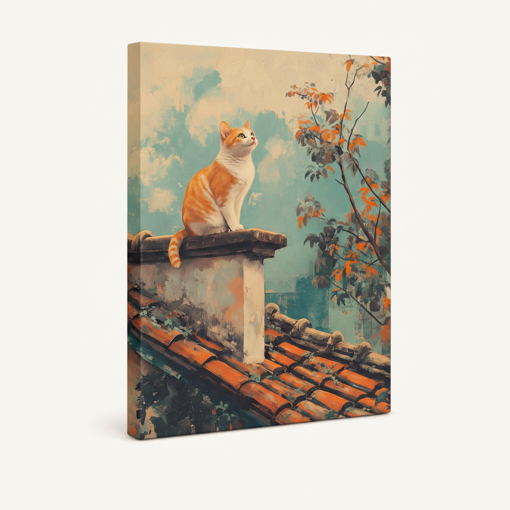 Side angle view of vintage rooftop cat canvas print showing gallery-wrapped edge detail