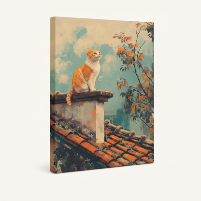 Side angle view of vintage rooftop cat canvas print showing gallery-wrapped edge detail