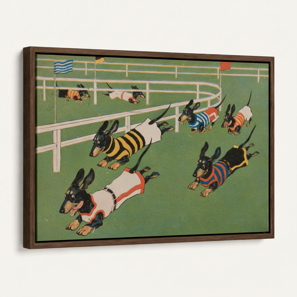 Framed dachshund racing vintage cartoon canvas print in dark walnut float frame angled 3/4 product view