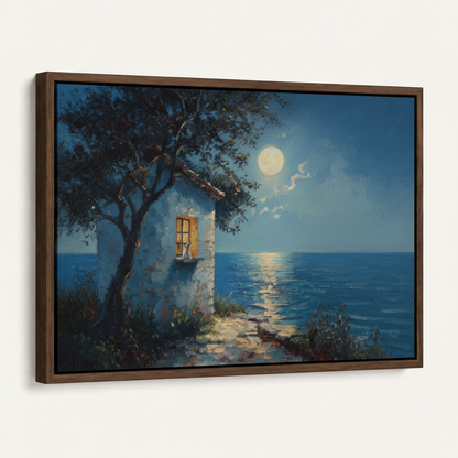 Dark walnut float frame moonlit cottage canvas wall art angled side view on off-white background