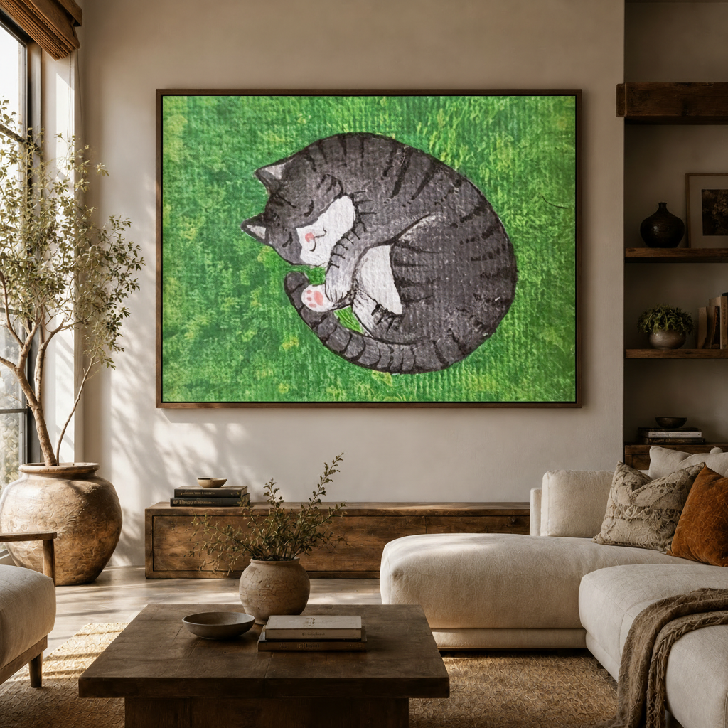 Sleeping gray cat canvas wall art displayed above a softly styled living room sofa