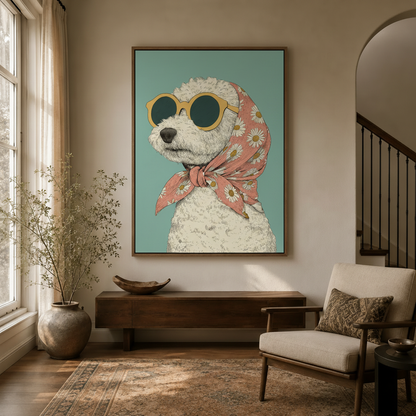Vintage dog print in float frame displayed in a cozy entryway with arched doorway and linen chair