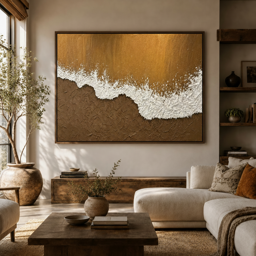 Gold and white impasto beach wave canvas wall art in walnut float frame in modern living room