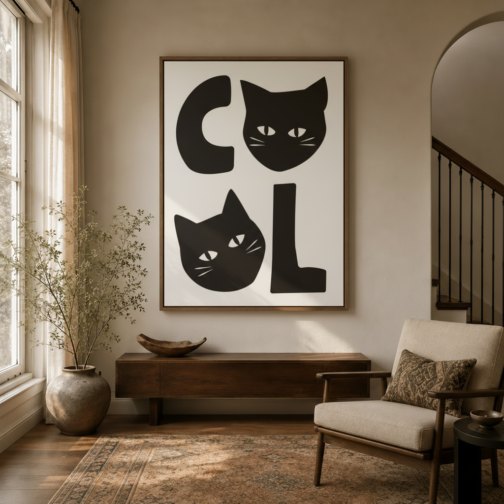 Black and white COOL cat art print hanging in a stylish entryway