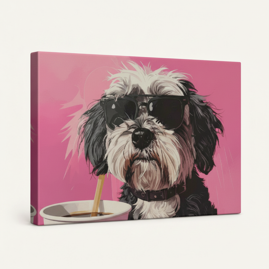 Pop art canvas featuring a dog, with a bold pink background and an angled display of the product.