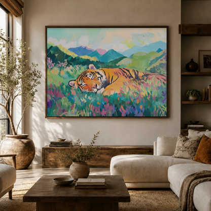 Bold tiger wildflower canvas print hanging above white sofa in bright modern living room