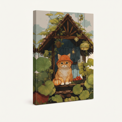 Side angle view of Ghibli-style cat cottage garden canvas print showing gallery-wrapped edge