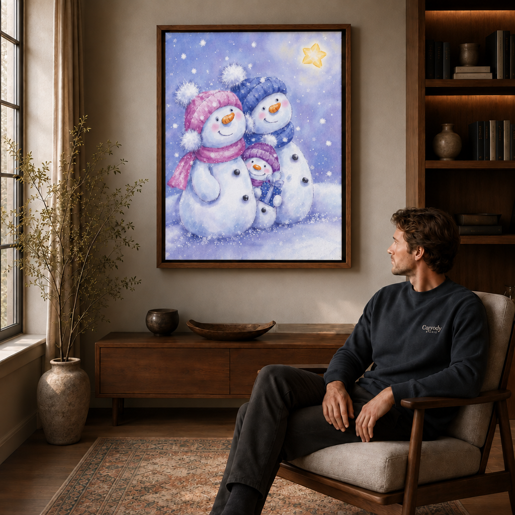 Three snowmen in pink, blue, and purple winter accessories displayed above a seated man.