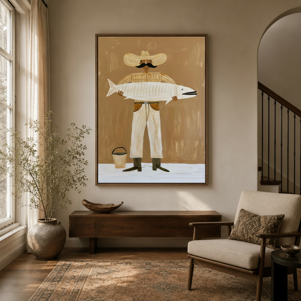 Naive style fisherman painting in walnut float frame hanging in a cozy entryway