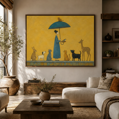 Framed woman and animal folk art print above a cream sectional sofa in a warm, earthy living room.