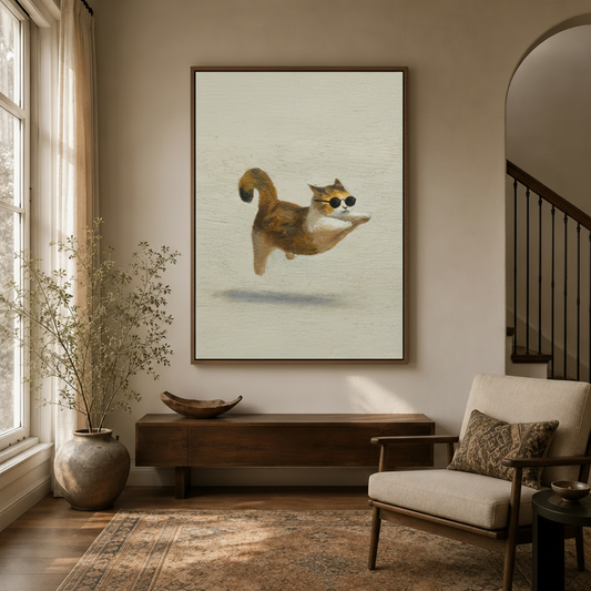 Minimalist floating cat oil painting wall art hanging in a cozy entryway with arched doorway