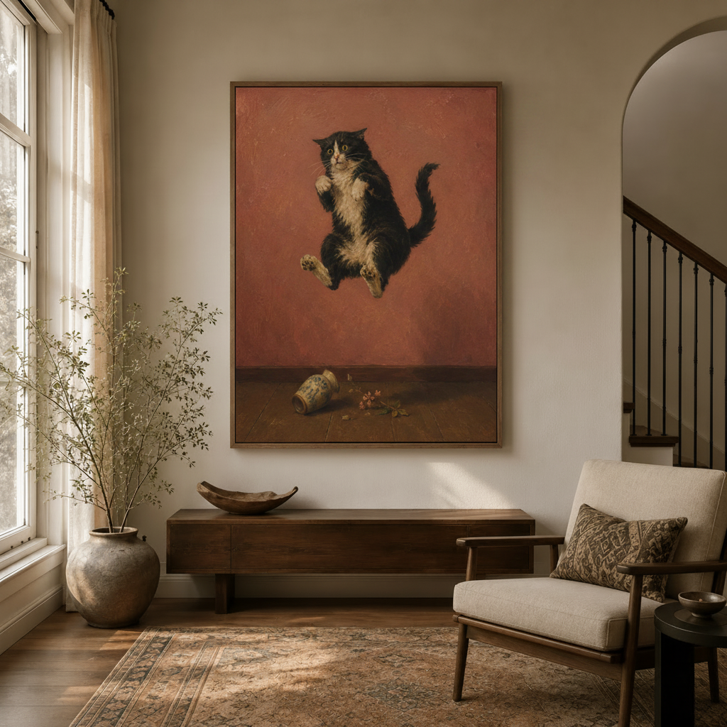 Classical tuxedo cat canvas art in float frame hanging in warm entryway hallway