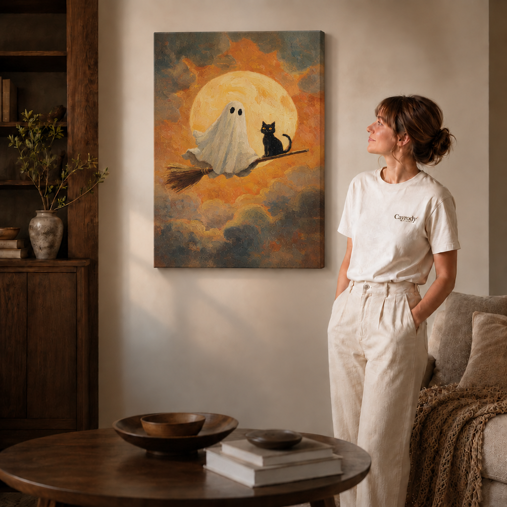 Unframed ghost and black cat Halloween canvas displayed beside a sofa in a warm living room.
