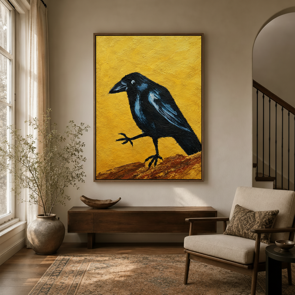 Dramatic crow canvas wall art styled in modern hallway with arched doorway and warm lighting